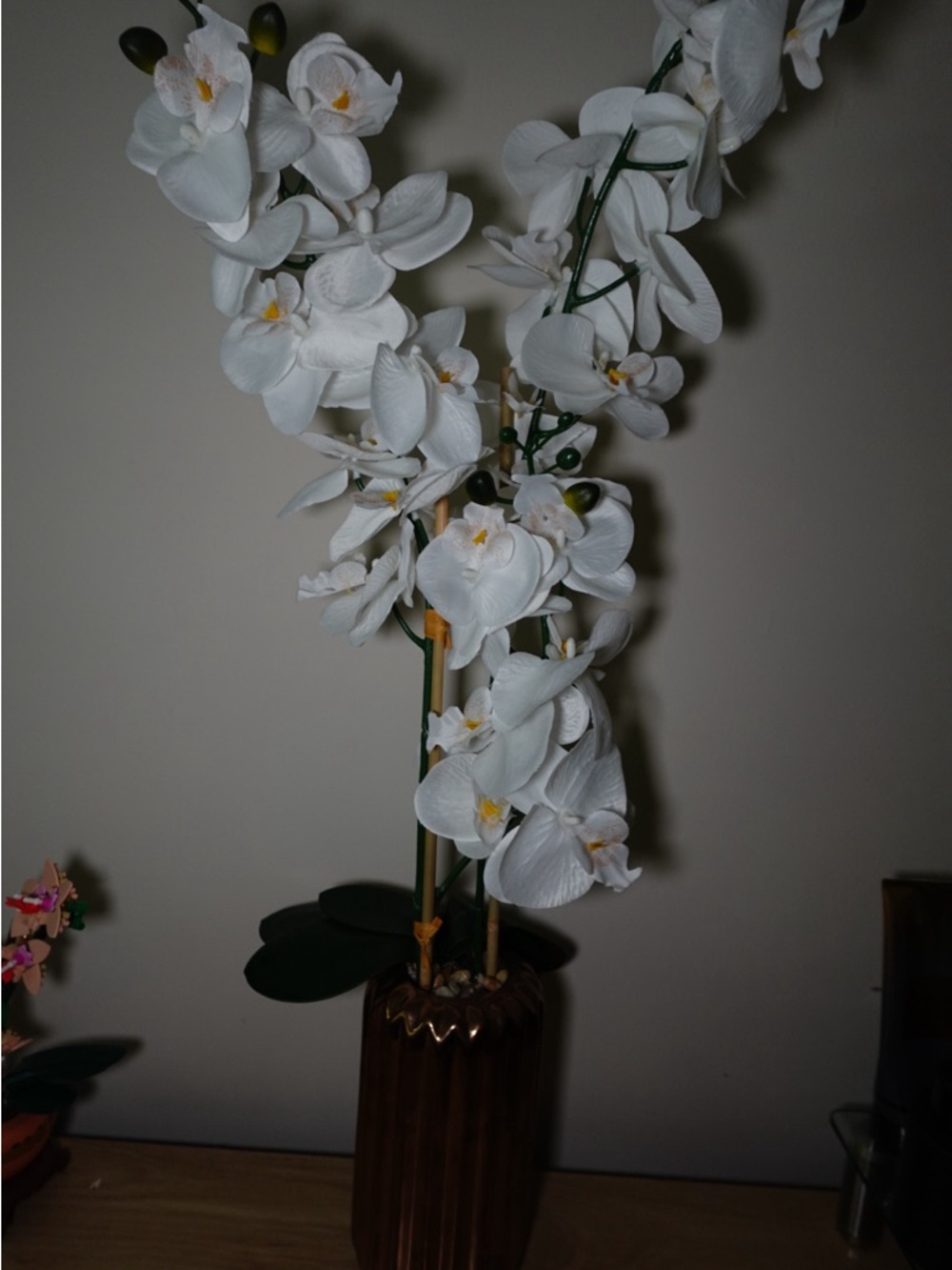 Home Interiors White Orchid Arrangement in Brown Ceramic Vase